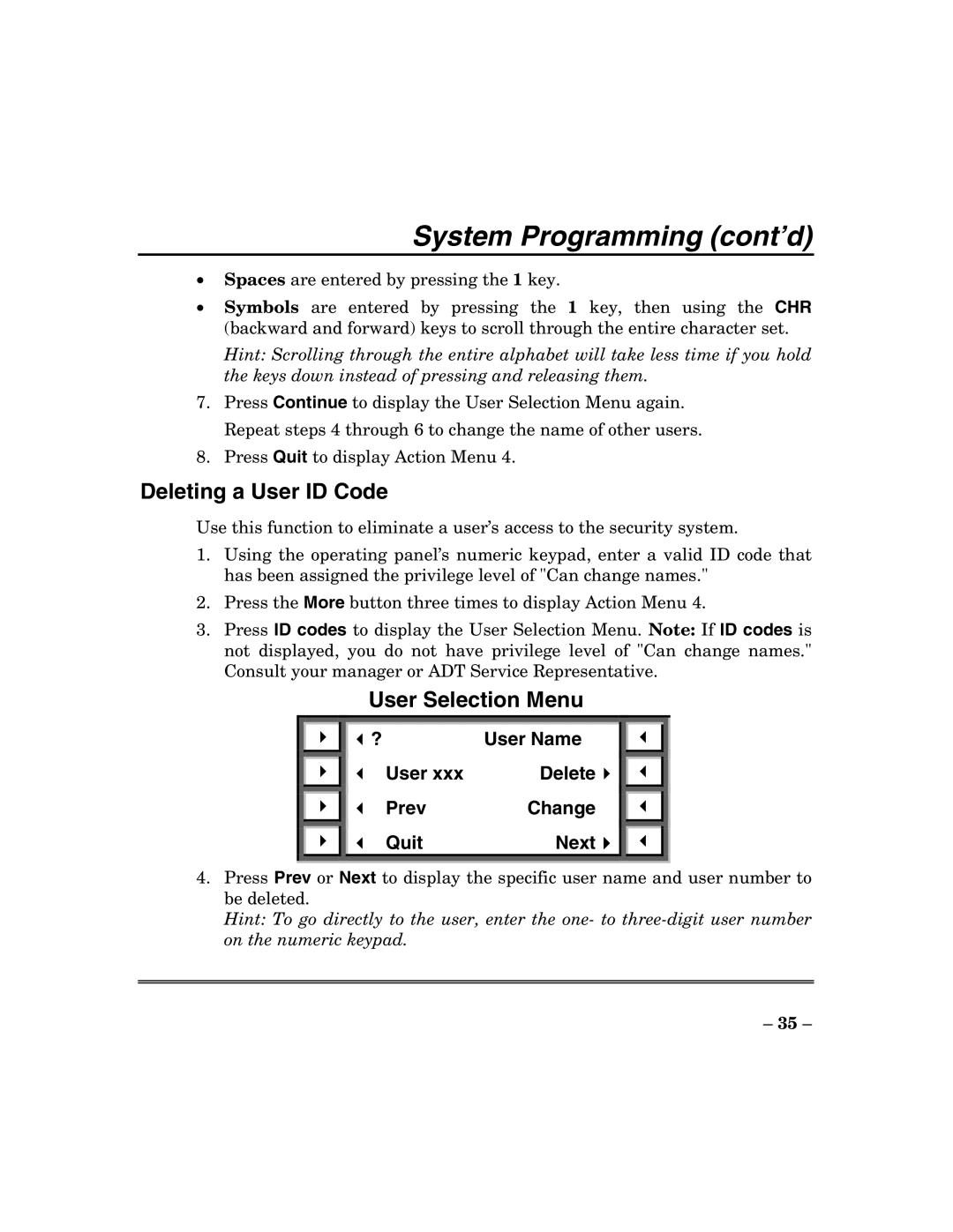 ADT Security Services 200 Plus manual Deleting a User ID Code 