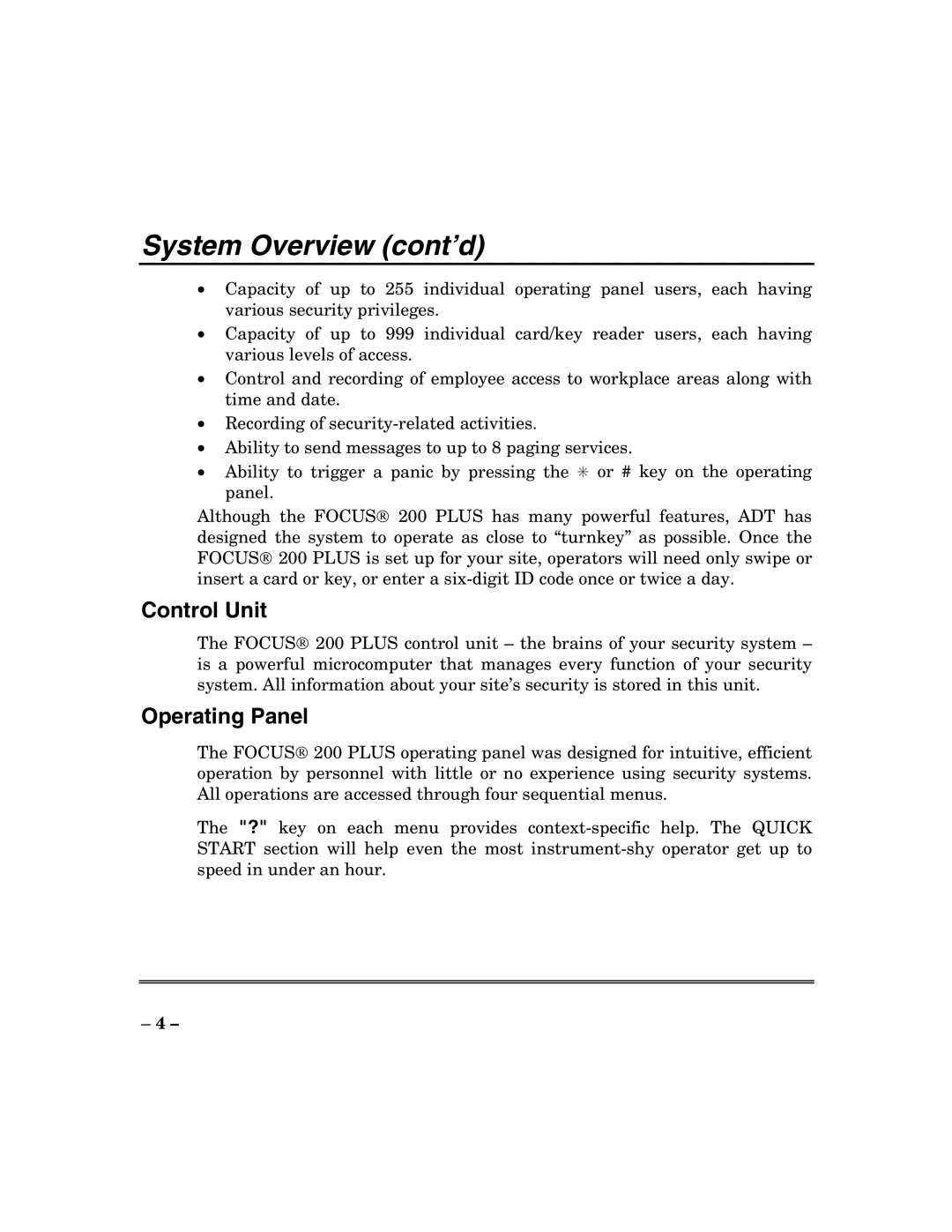 ADT Security Services 200 Plus manual System Overview cont’d, Control Unit, Operating Panel 