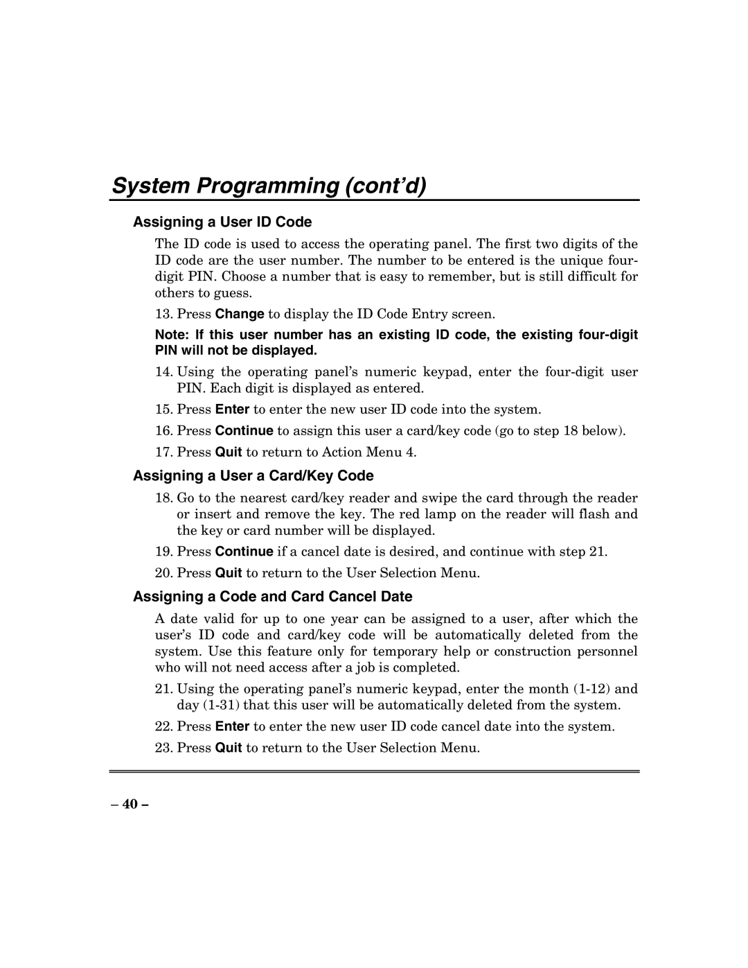 ADT Security Services 200 Plus manual Assigning a User ID Code, Assigning a User a Card/Key Code 