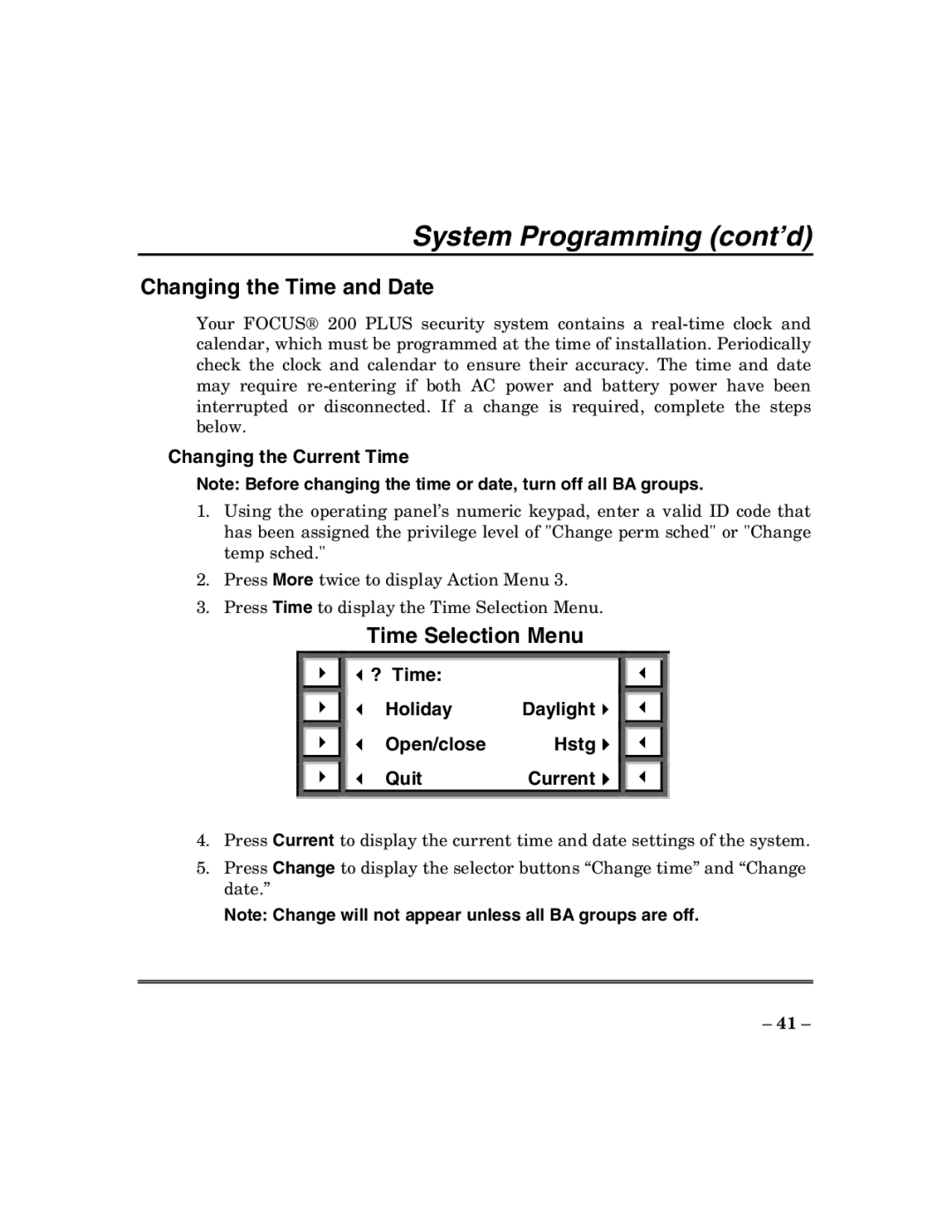 ADT Security Services 200 Plus manual Changing the Time and Date, Time Selection Menu, Changing the Current Time, ? Time 