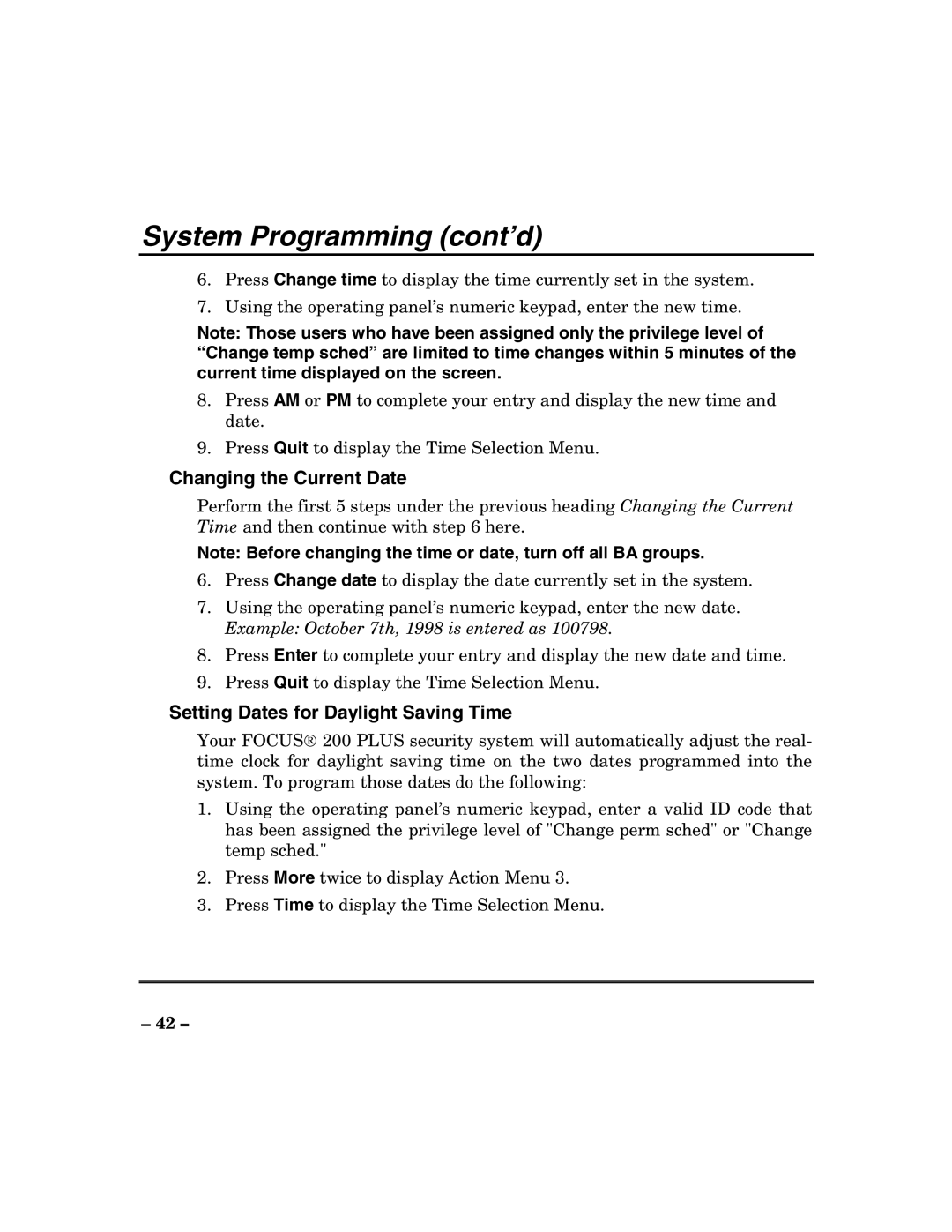 ADT Security Services 200 Plus manual Changing the Current Date, Setting Dates for Daylight Saving Time 