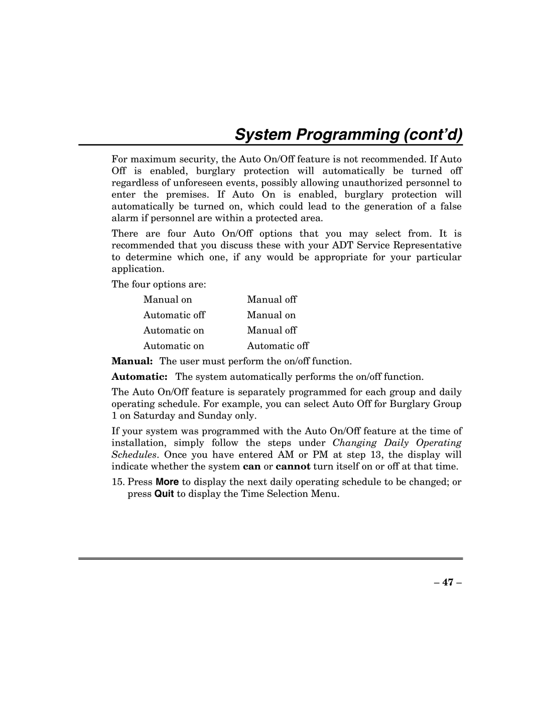 ADT Security Services 200 Plus manual System Programming cont’d 