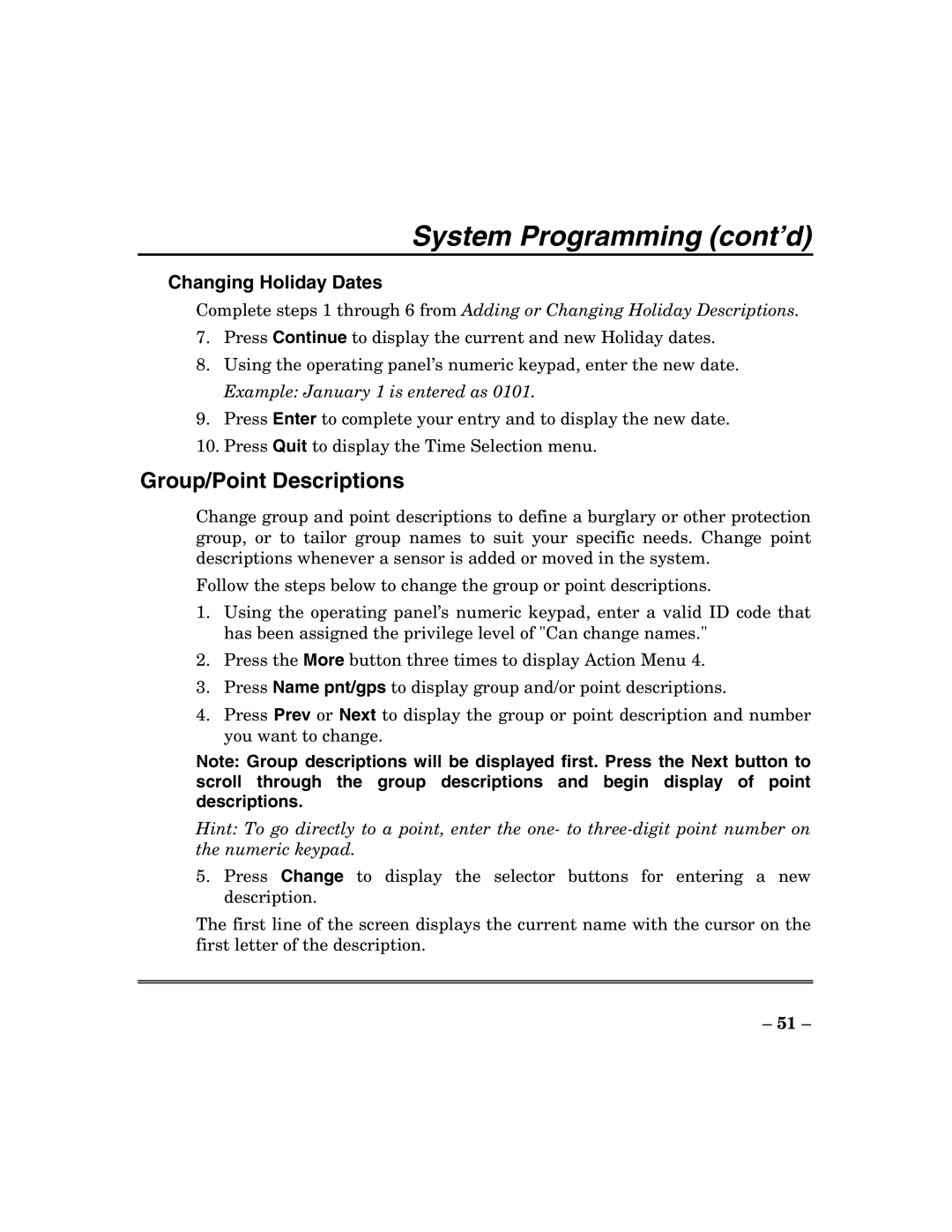 ADT Security Services 200 Plus manual Group/Point Descriptions, Changing Holiday Dates 