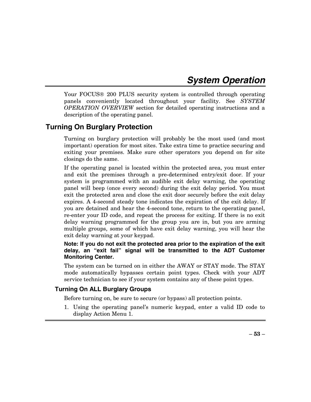 ADT Security Services 200 Plus manual System Operation, Turning On Burglary Protection, Turning On ALL Burglary Groups 