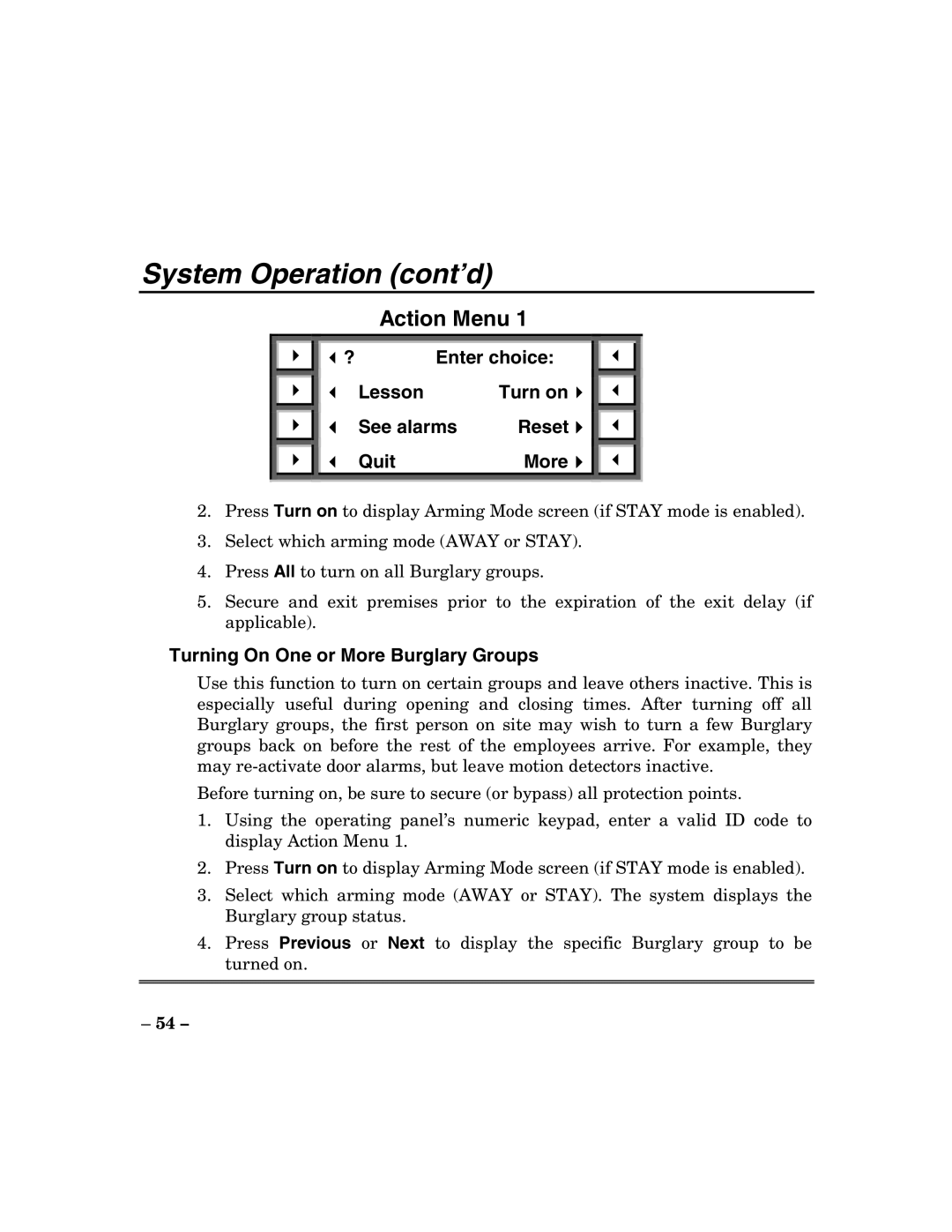 ADT Security Services 200 Plus manual System Operation cont’d, Lesson Turn on See alarms Reset Quit More 