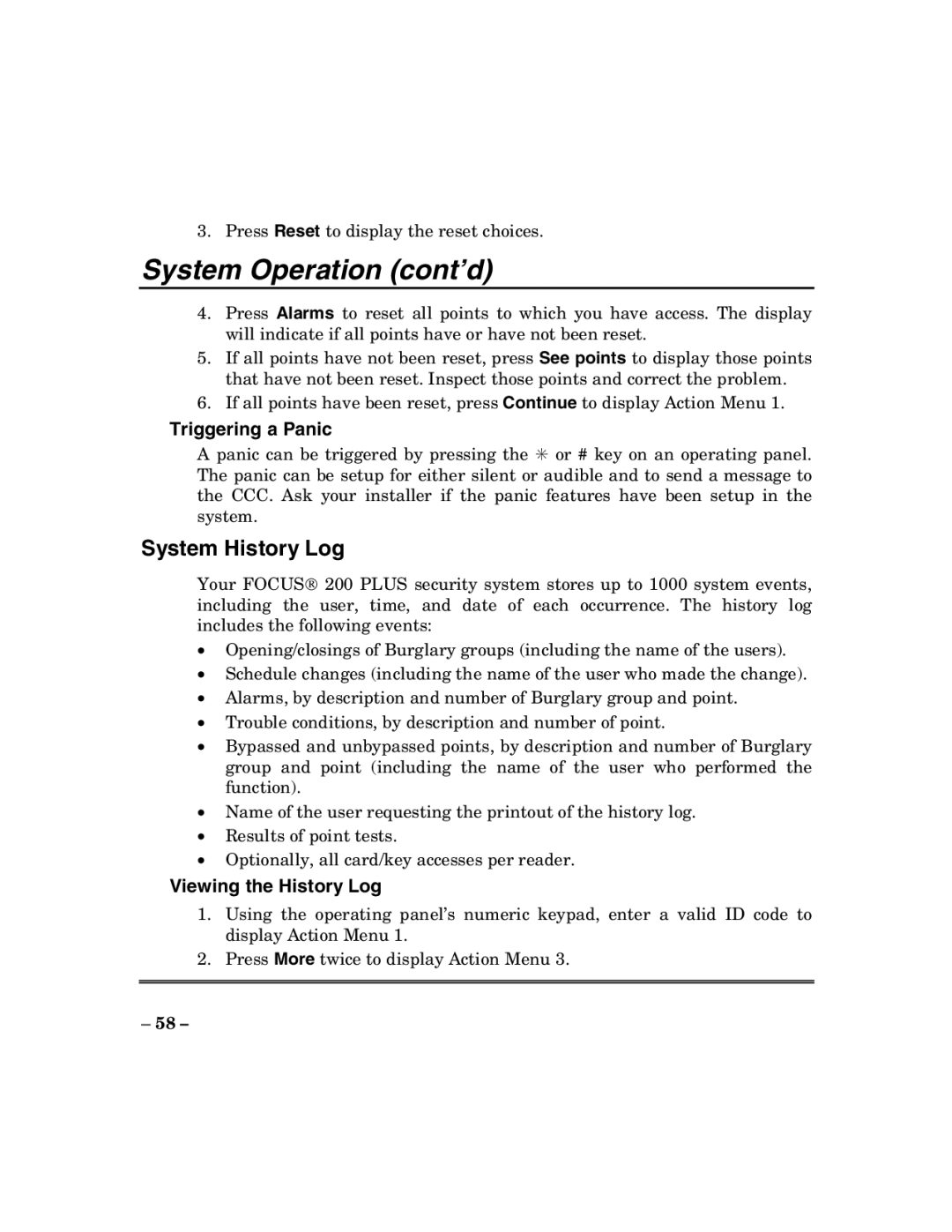 ADT Security Services 200 Plus manual System History Log, Triggering a Panic, Viewing the History Log 