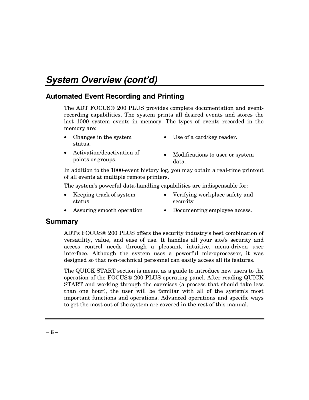 ADT Security Services 200 Plus manual Automated Event Recording and Printing, Summary 