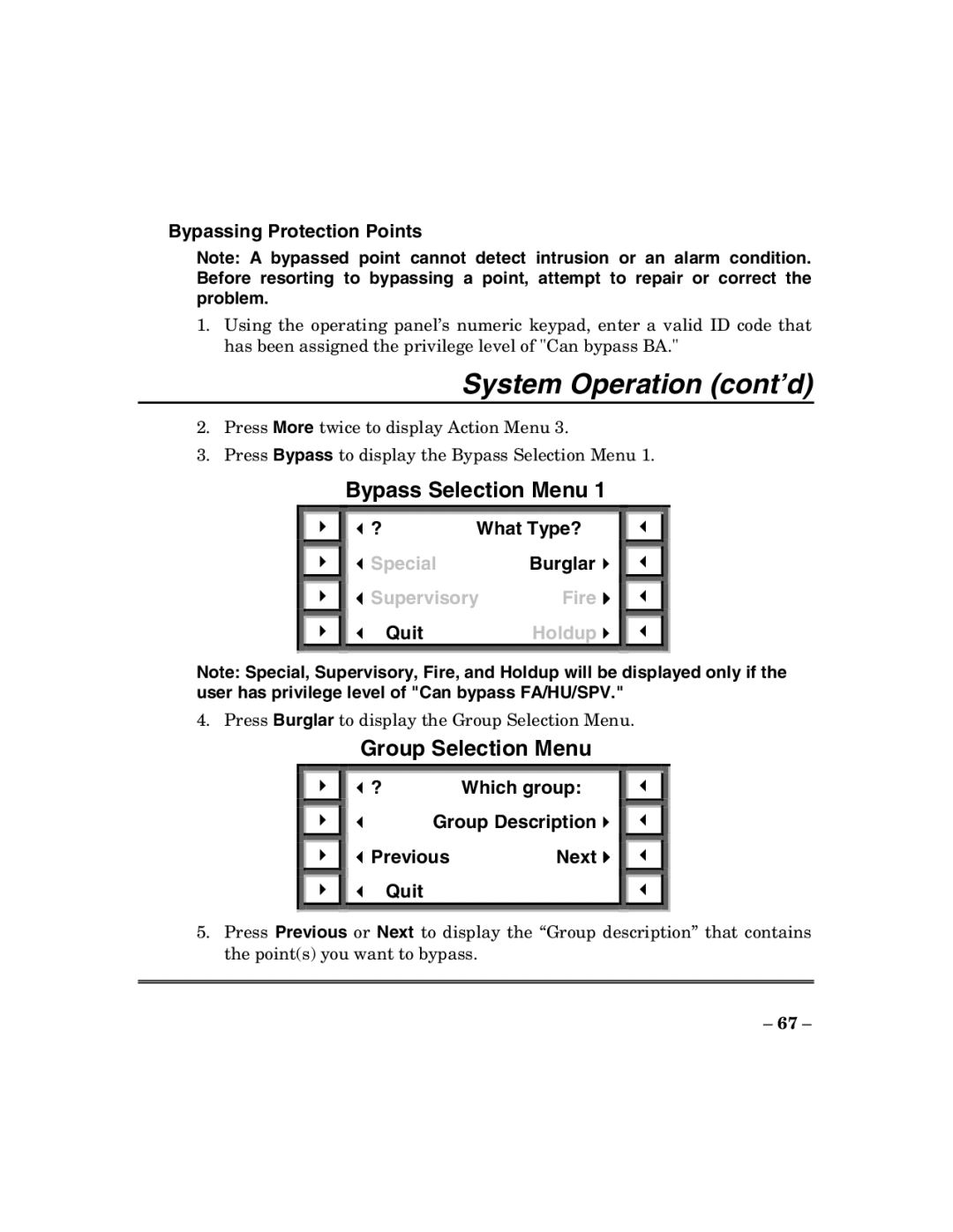 ADT Security Services 200 Plus manual Bypass Selection Menu, Group Selection Menu, Bypassing Protection Points 