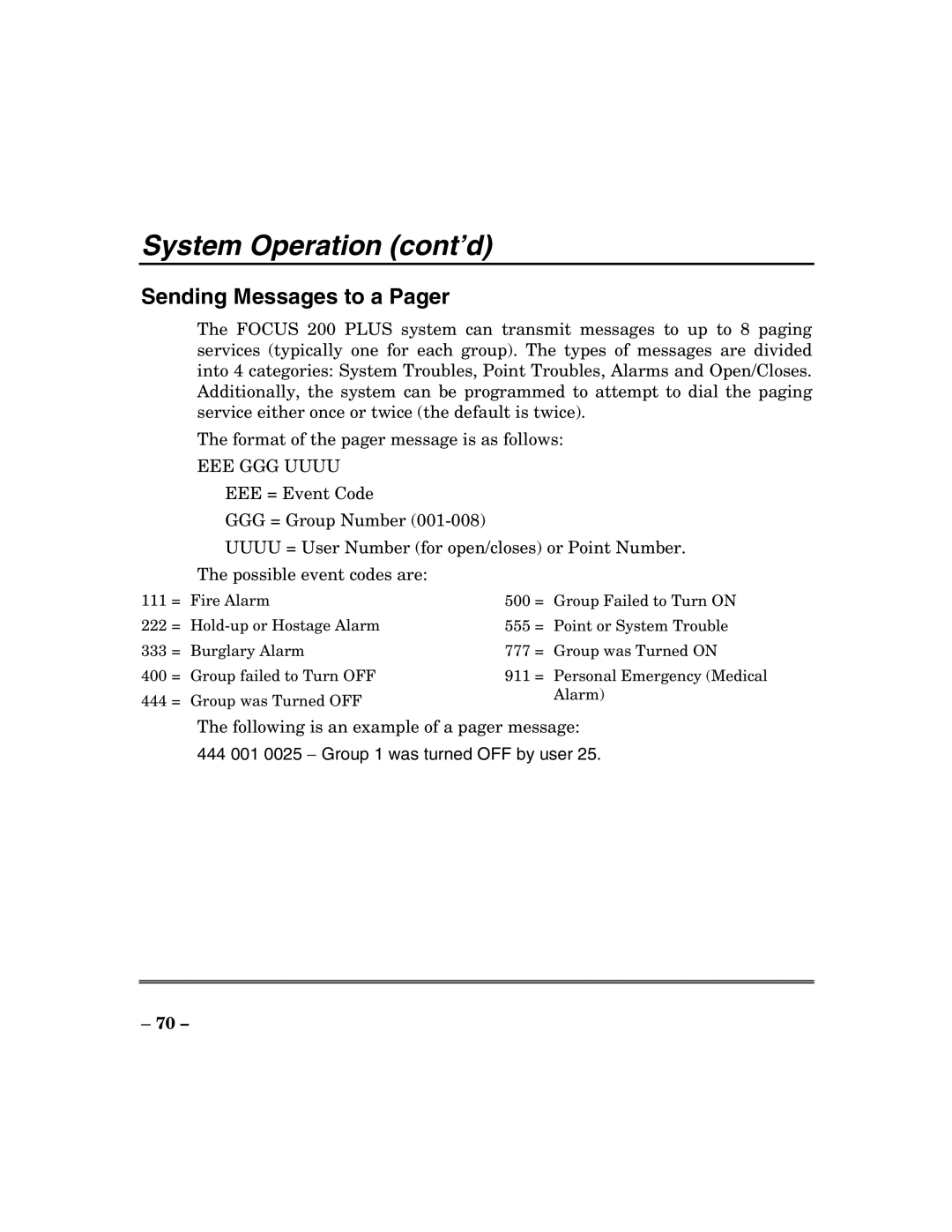 ADT Security Services 200 Plus manual Sending Messages to a Pager 