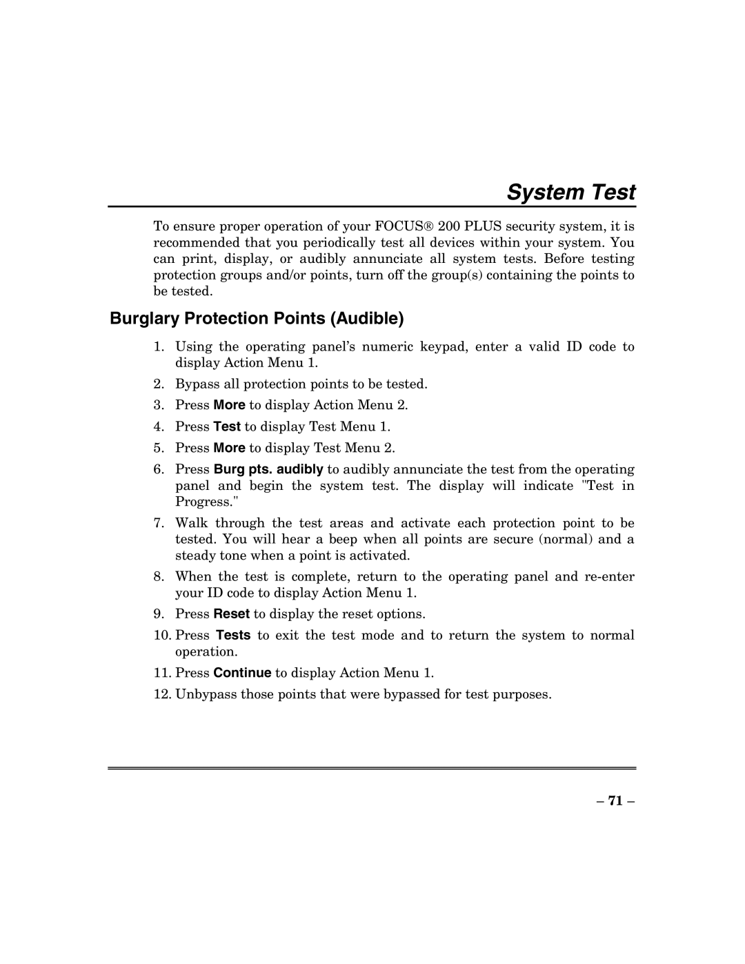 ADT Security Services 200 Plus manual System Test, Burglary Protection Points Audible 