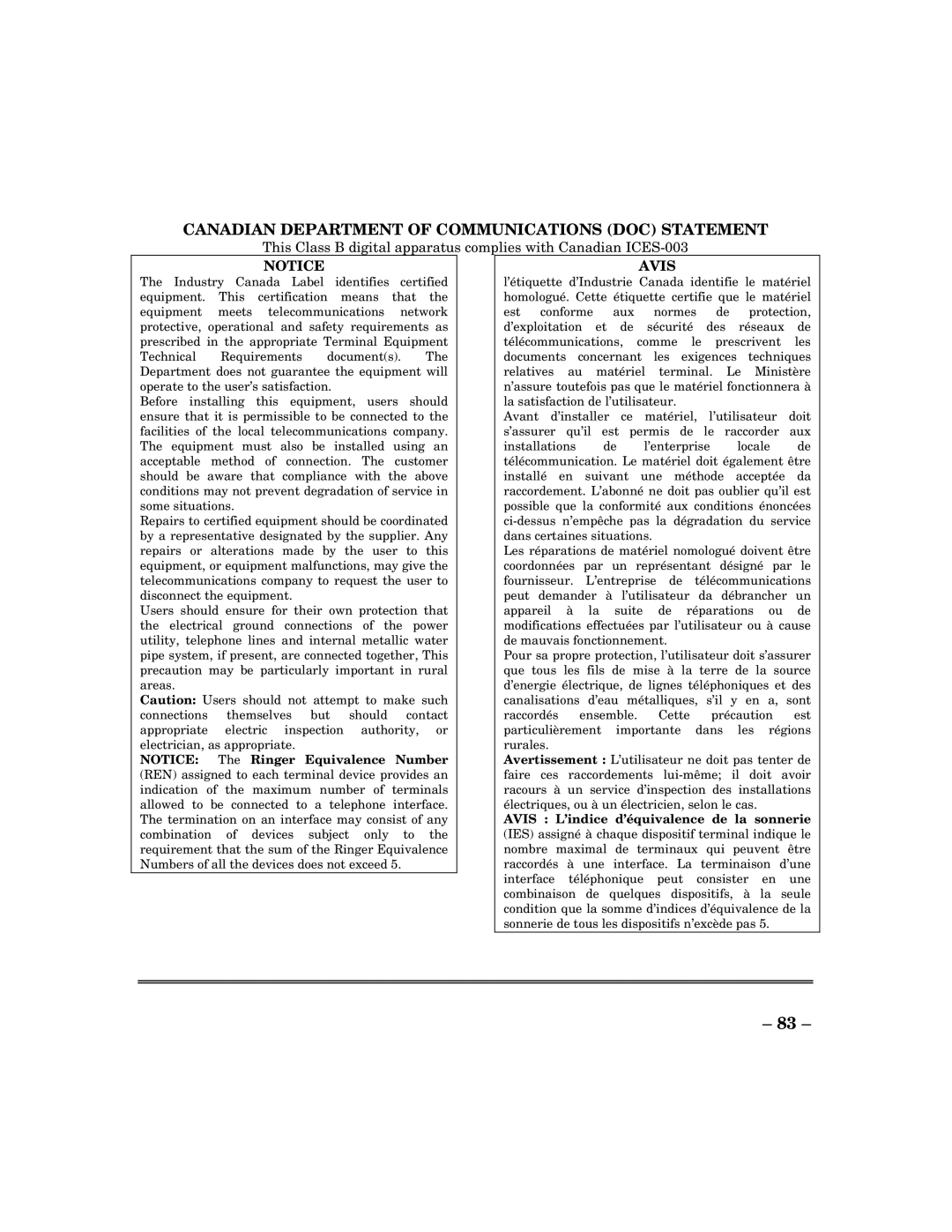 ADT Security Services 200 Plus manual Canadian Department of Communications DOC Statement 