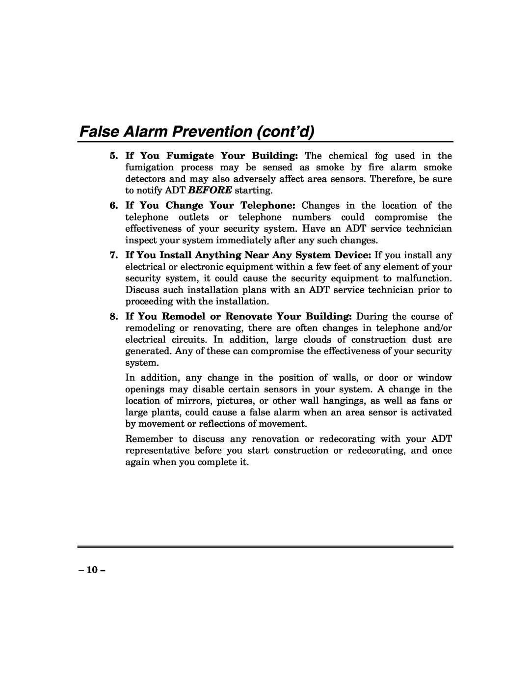 ADT Security Services 200 Plus manual False Alarm Prevention cont’d 