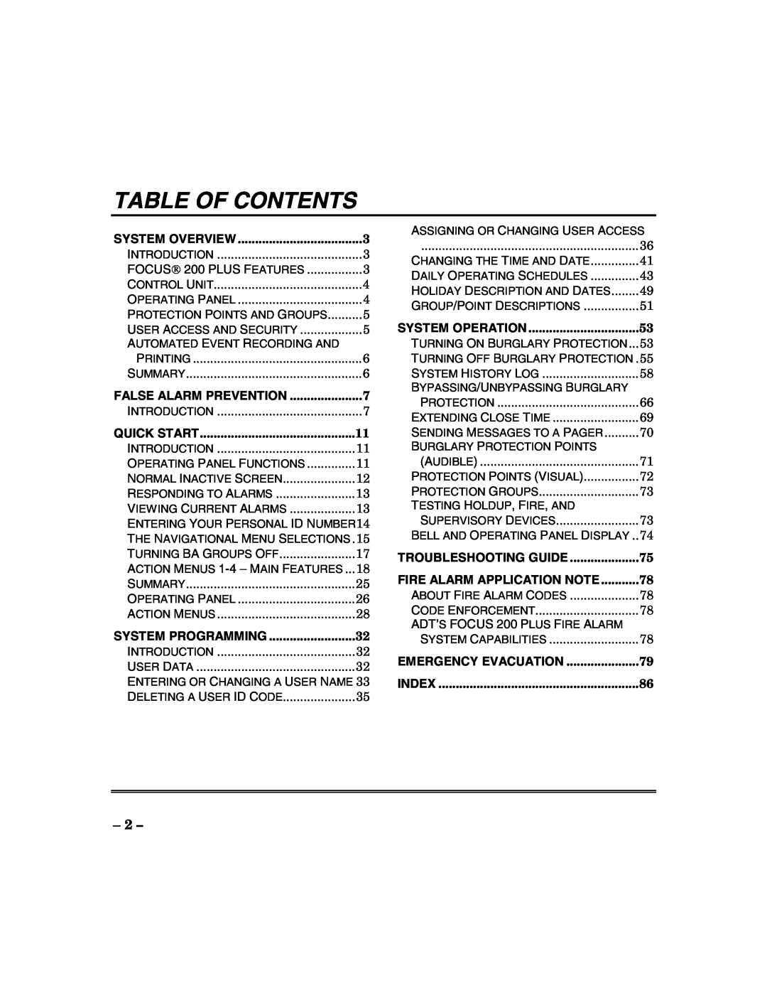 ADT Security Services 200 Plus Table Of Contents, System Overview, False Alarm Prevention, Quick Start, System Programming 
