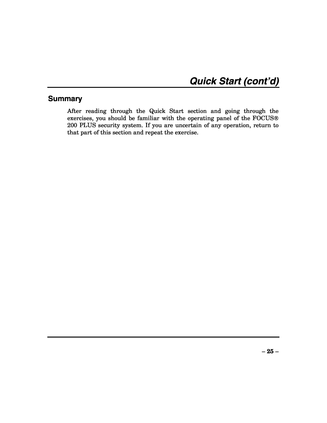 ADT Security Services 200 Plus manual Quick Start cont’d, Summary 