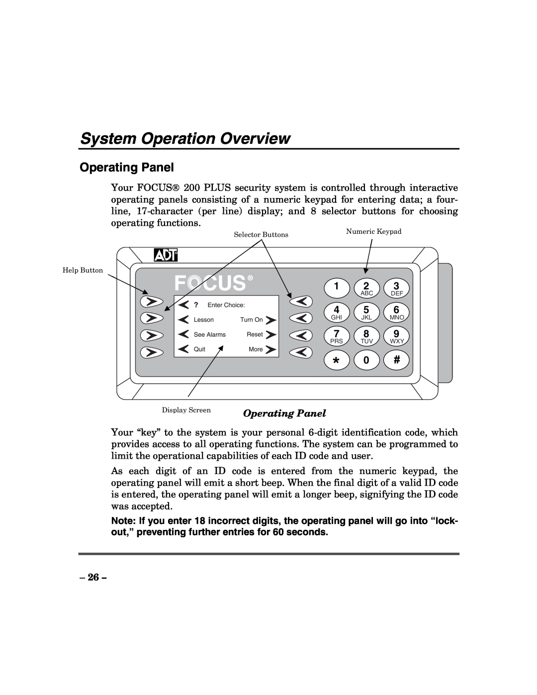 ADT Security Services 200 Plus manual System Operation Overview, Operating Panel 