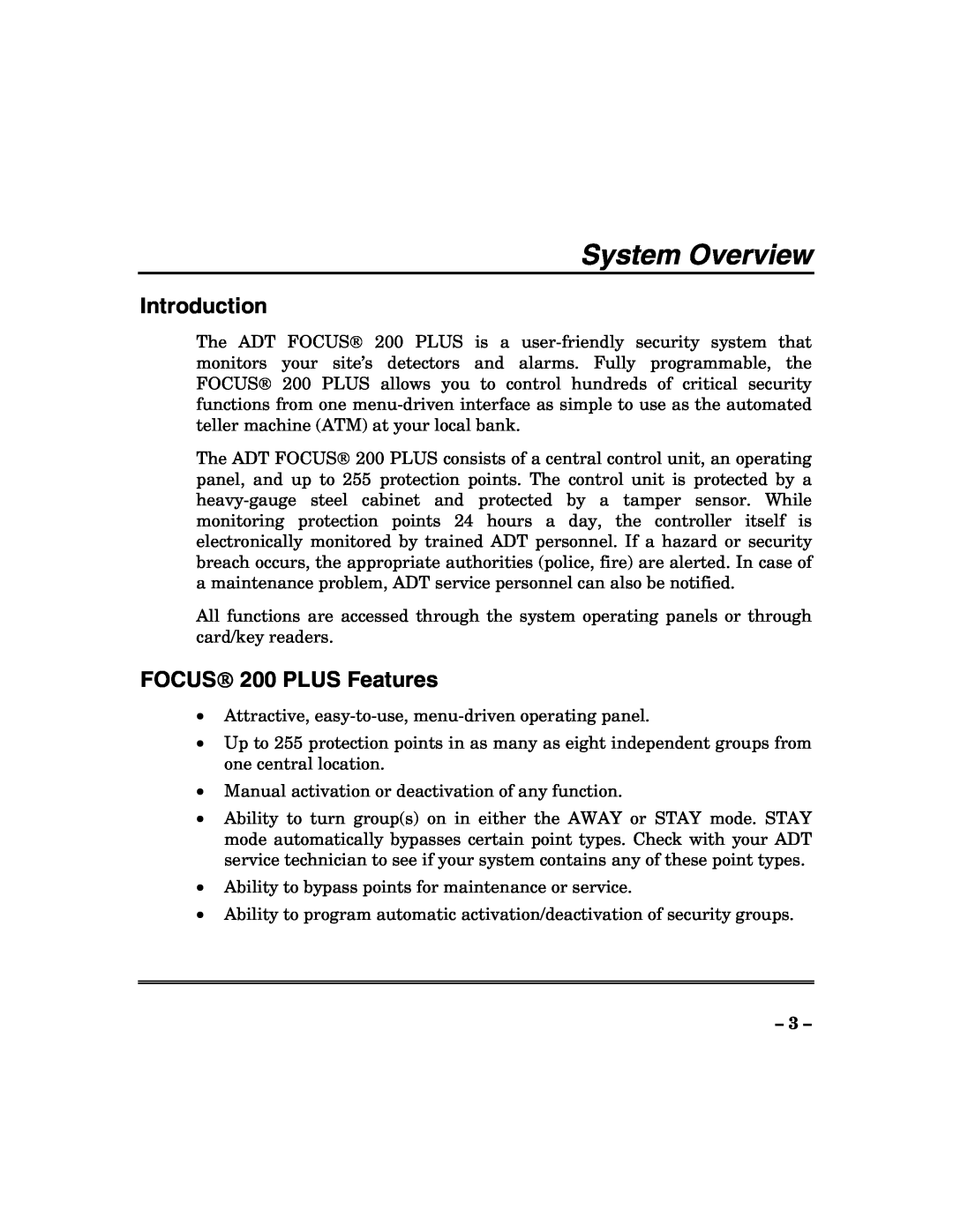 ADT Security Services 200 Plus manual System Overview, Introduction, FOCUS 200 PLUS Features 