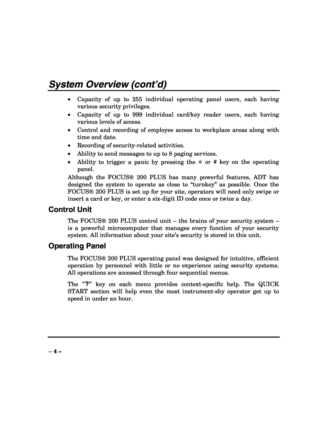 ADT Security Services 200 Plus manual System Overview cont’d, Control Unit, Operating Panel 