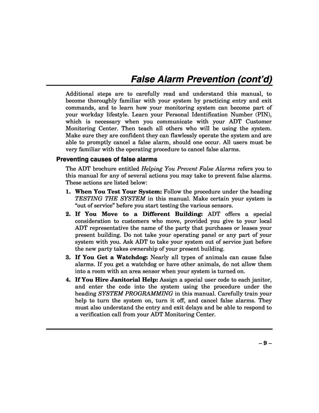 ADT Security Services 200 Plus manual Preventing causes of false alarms, False Alarm Prevention cont’d 