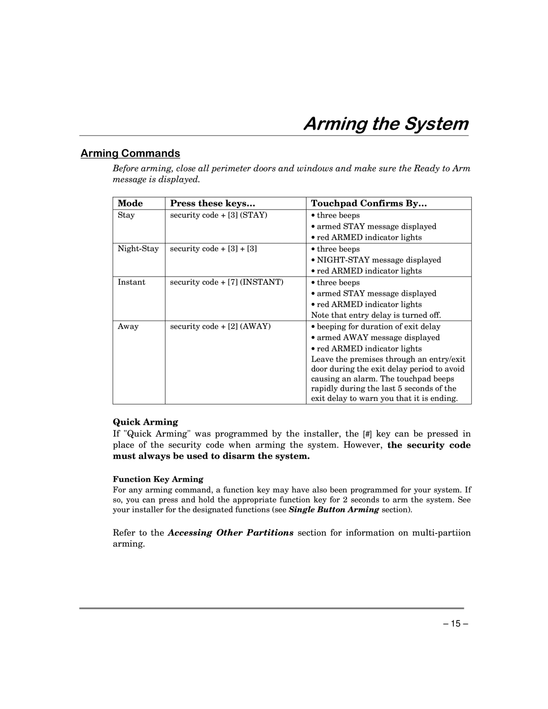 ADT Security Services 3000 manual $Uplqj&Rppdqgv, Mode Press these keys… Touchpad Confirms By…, Quick Arming 