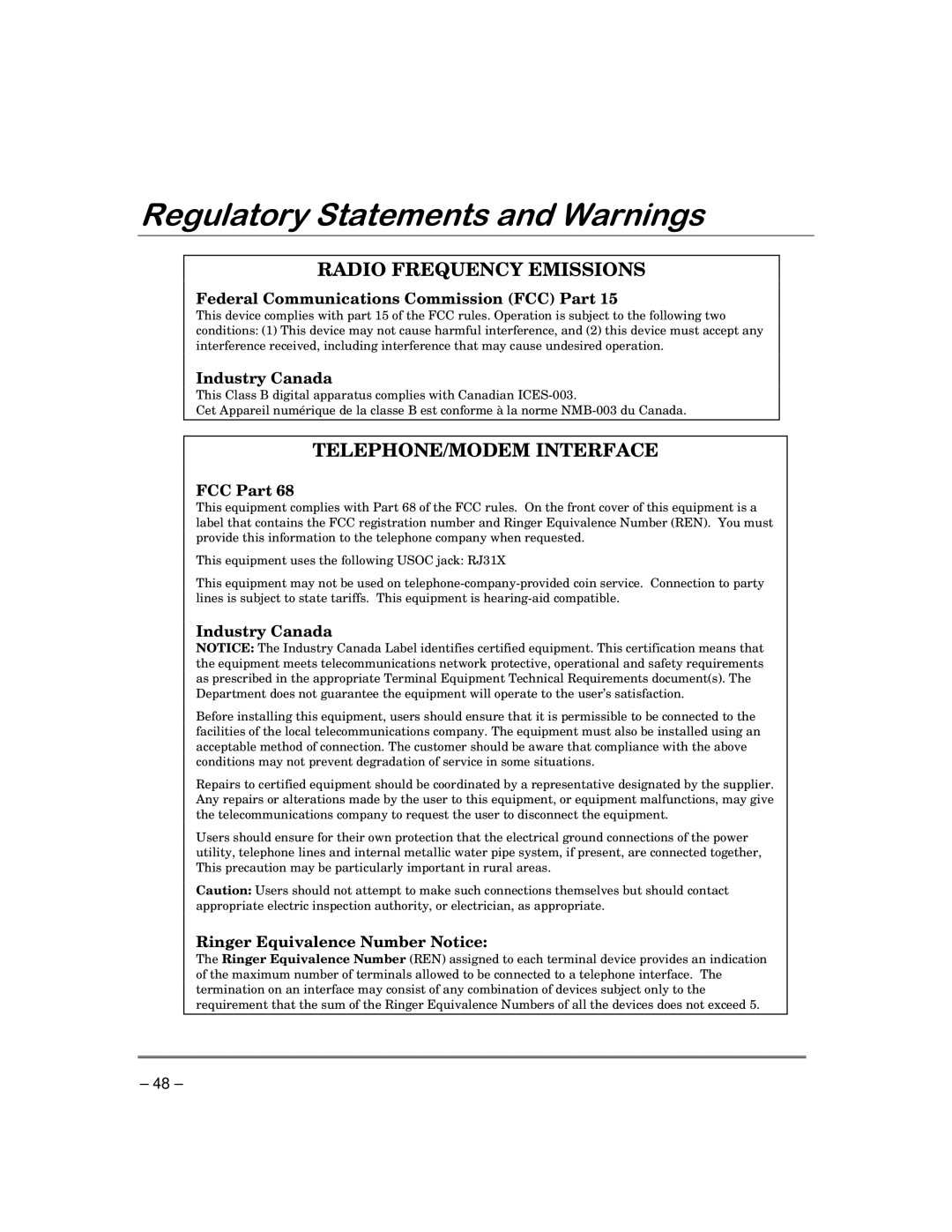 ADT Security Services 3000 5HJXODWRU\6WDWHPHQWVDQGDUQLQJV, Federal Communications Commission FCC Part, Industry Canada 