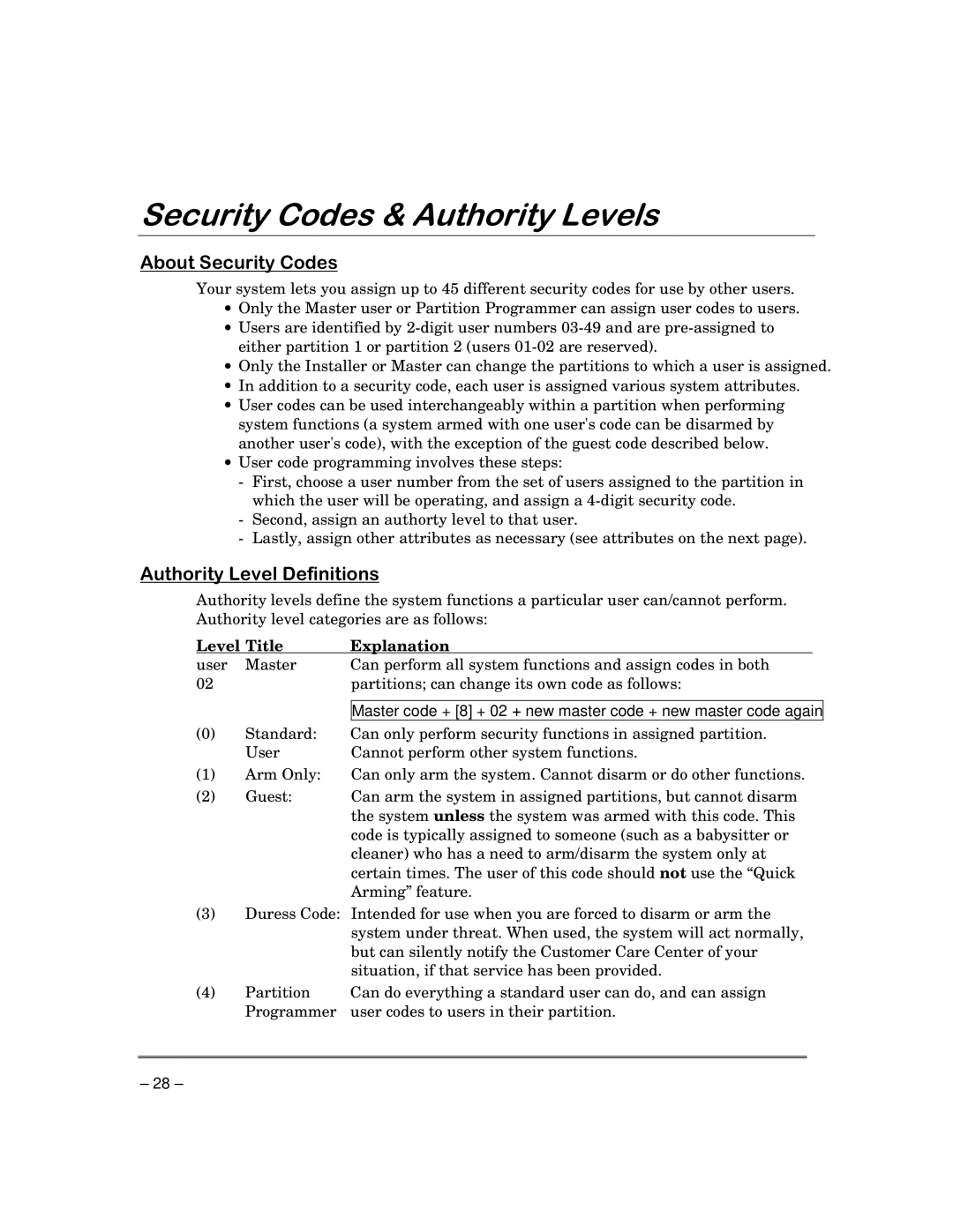 ADT Security Services 3000 manual 6HFXULW\&RGHV $XWKRULW\/HYHOV, $ERXW6HFXULW\&RGHV, $Xwkrulw\/Hyho’Hilqlwlrqv 