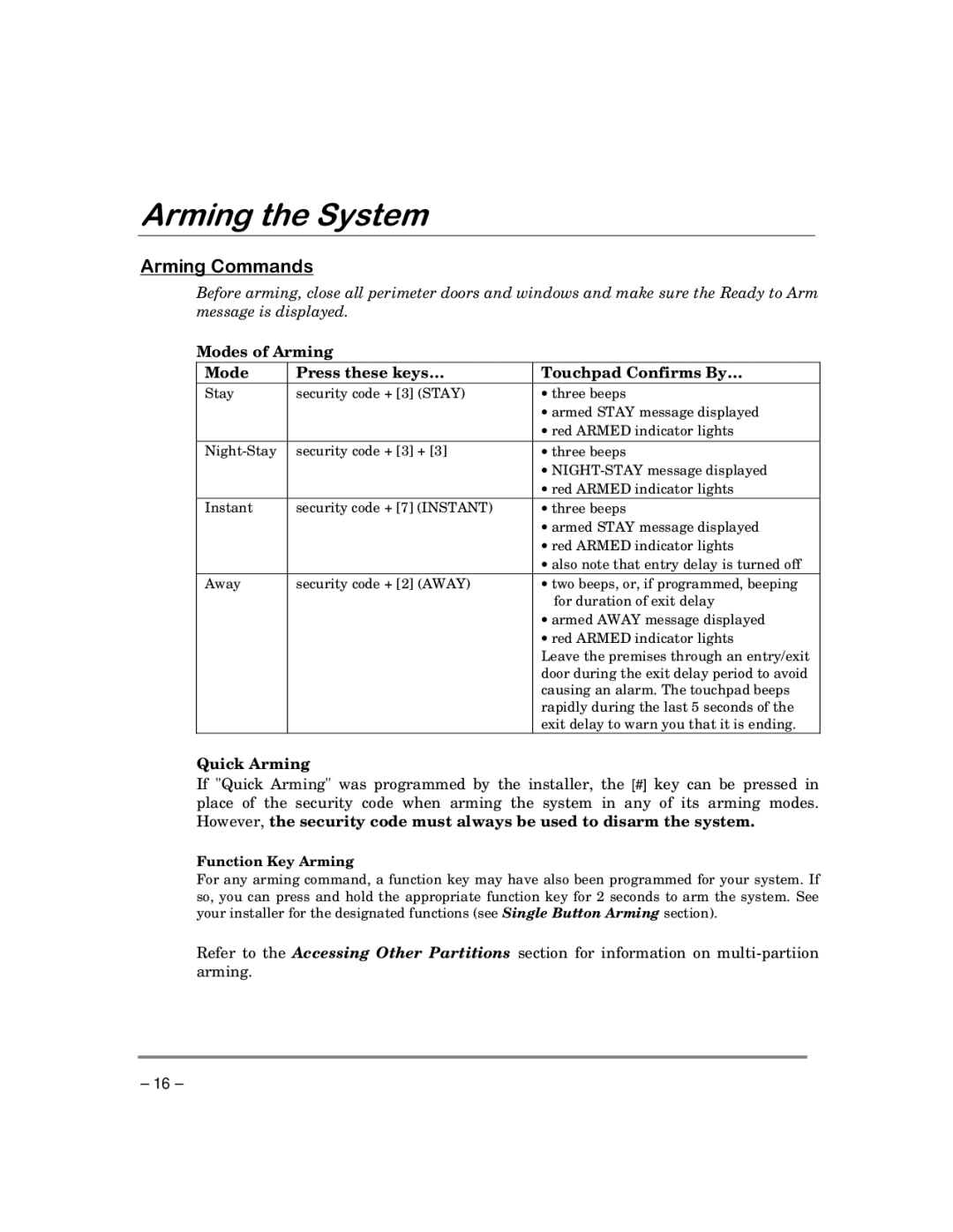 ADT Security Services 3000EN manual $Uplqj&Rppdqgv, Modes of Arming Press these keys… Touchpad Confirms By…, Quick Arming 