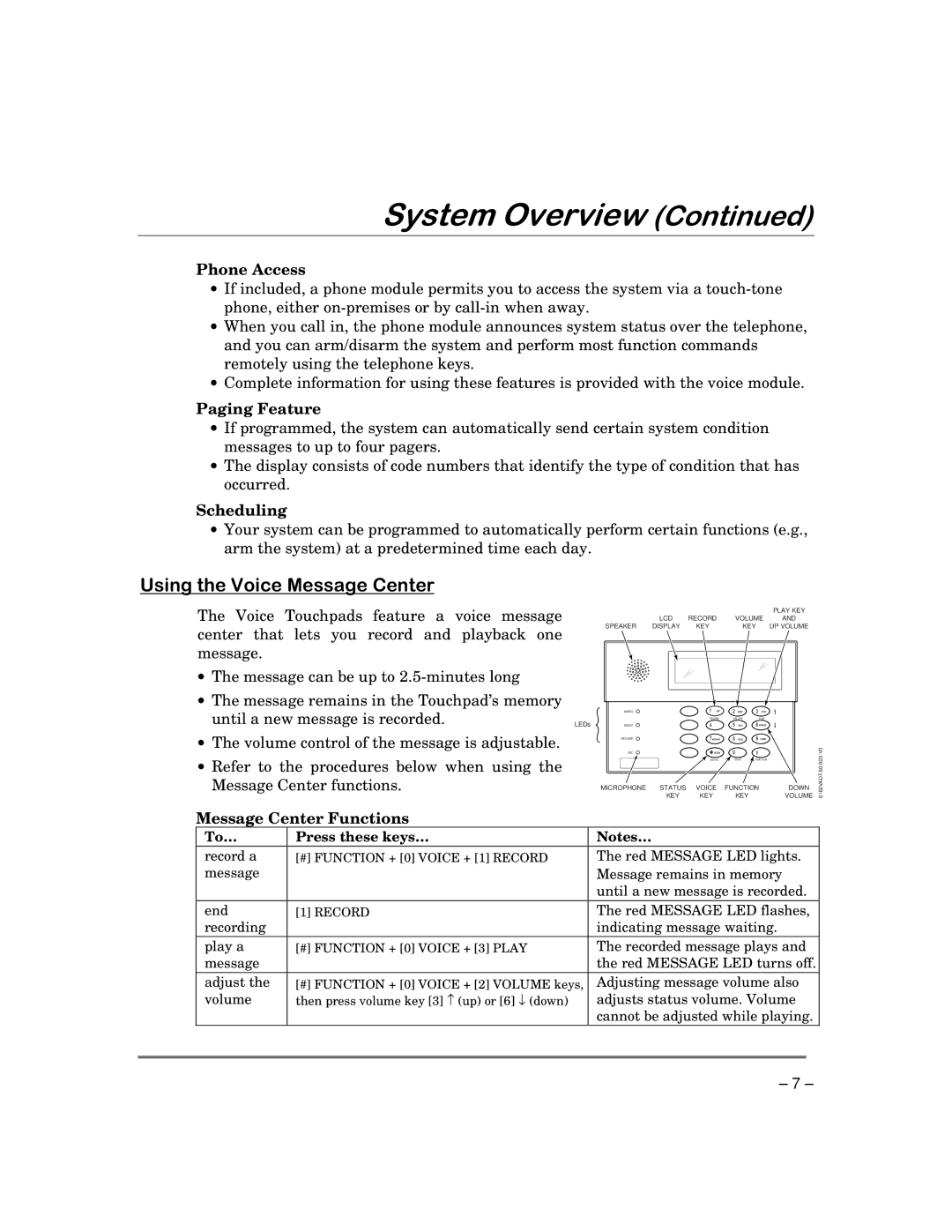 ADT Security Services 3000EN manual 8VLQJWKH9RLFH0HVVDJH&HQWHU, Phone Access, Message Center Functions 