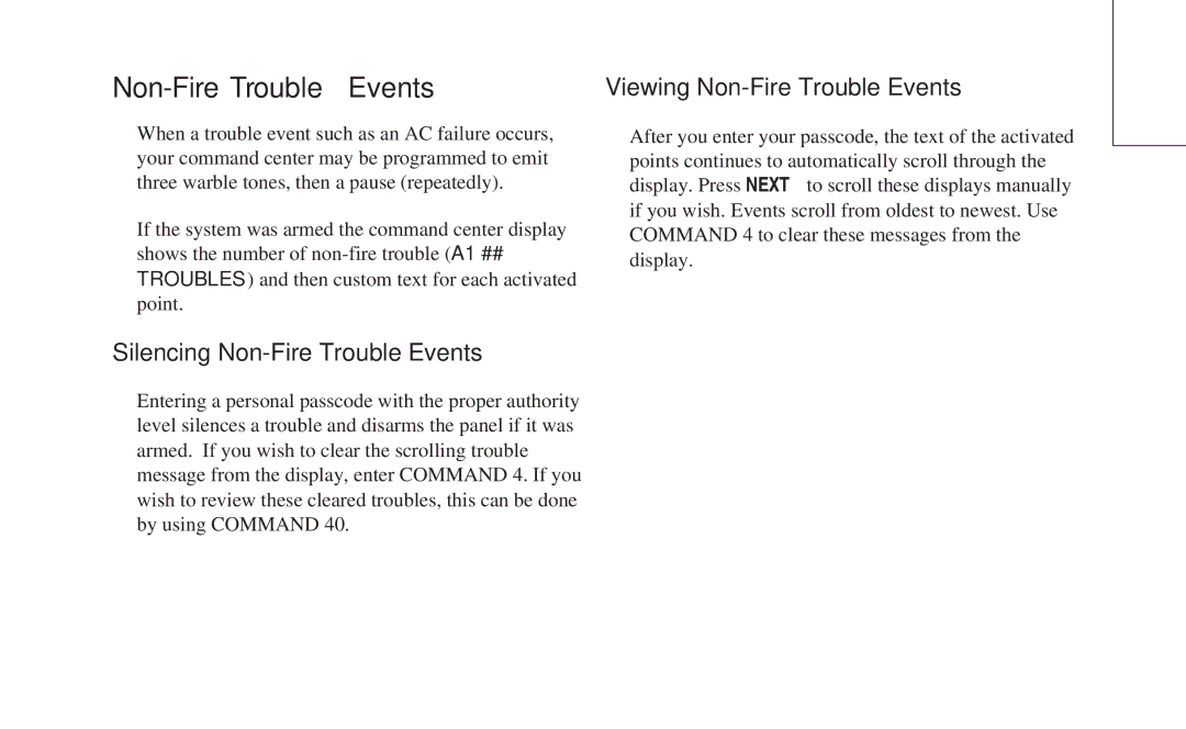 ADT Security Services 8112 manual Viewing Non-Fire Trouble Events, Silencing Non-Fire Trouble Events 