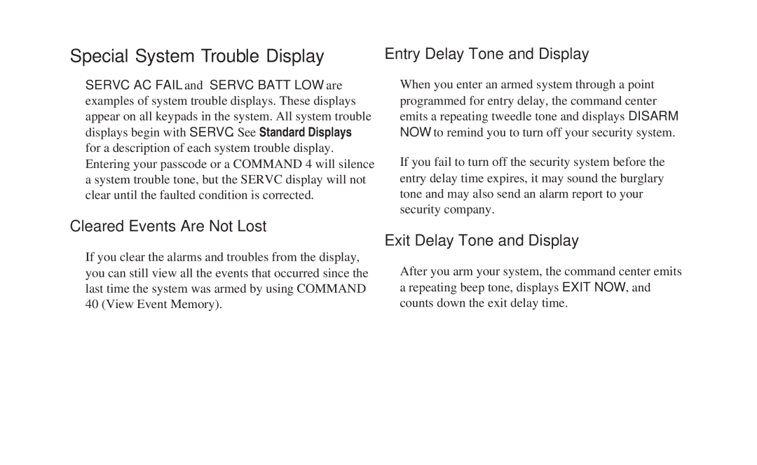 ADT Security Services 8112 manual Special System Trouble Display, Entry Delay Tone and Display, Cleared Events Are Not Lost 