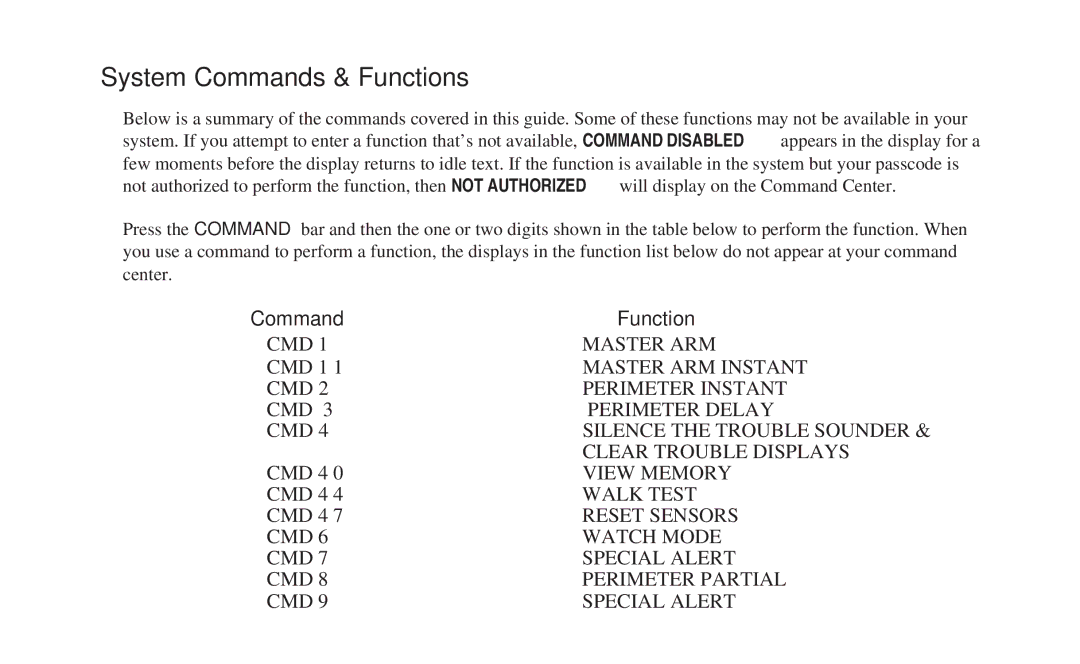 ADT Security Services 8112 manual System Commands & Functions, Command Function 