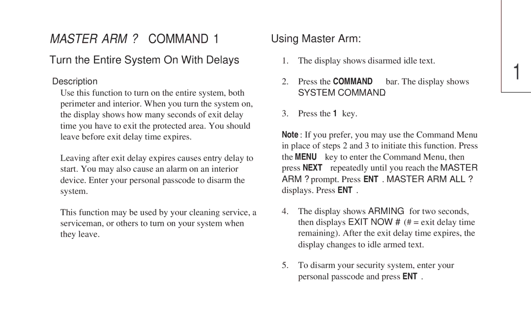 ADT Security Services 8112 manual Master ARM ? Command, Turn the Entire System On With Delays, Using Master Arm 