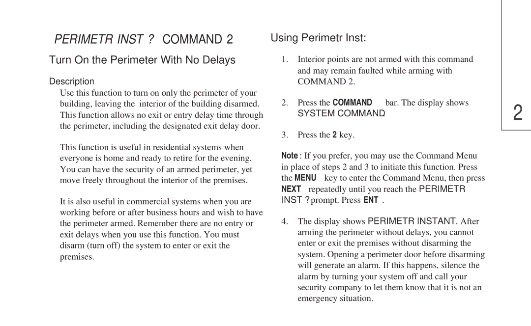 ADT Security Services 8112 manual Perimetr Inst ? Command, Turn On the Perimeter With No Delays, Using Perimetr Inst 