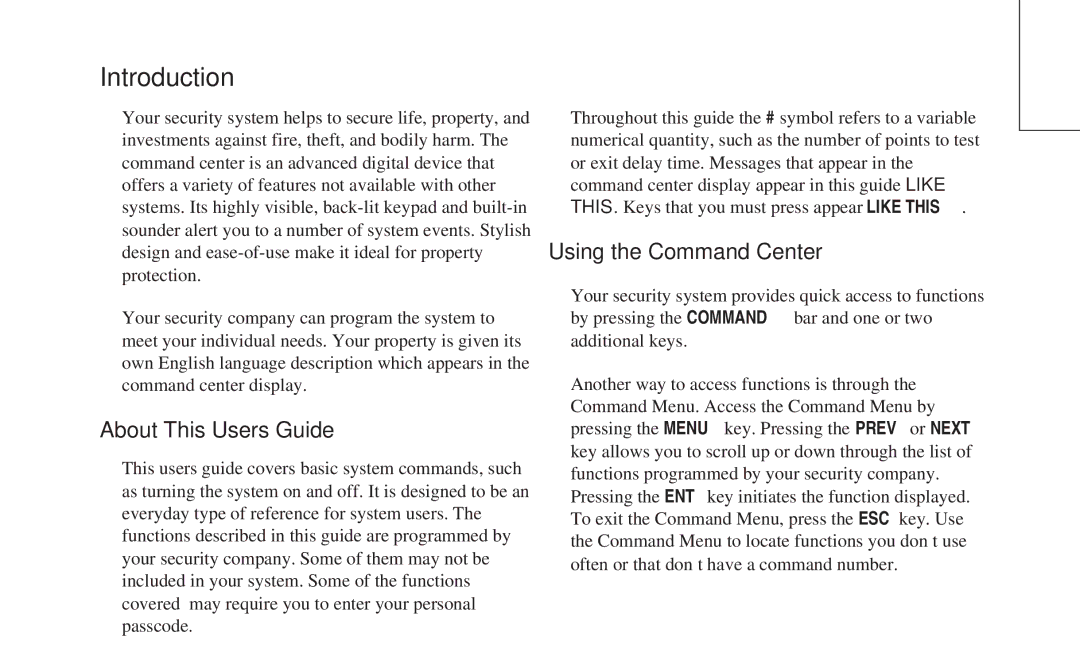 ADT Security Services 8112 manual Introduction, About This Users Guide, Using the Command Center 