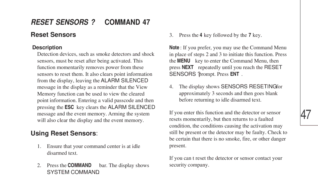 ADT Security Services 8112 manual Reset Sensors ? Command, Using Reset Sensors 