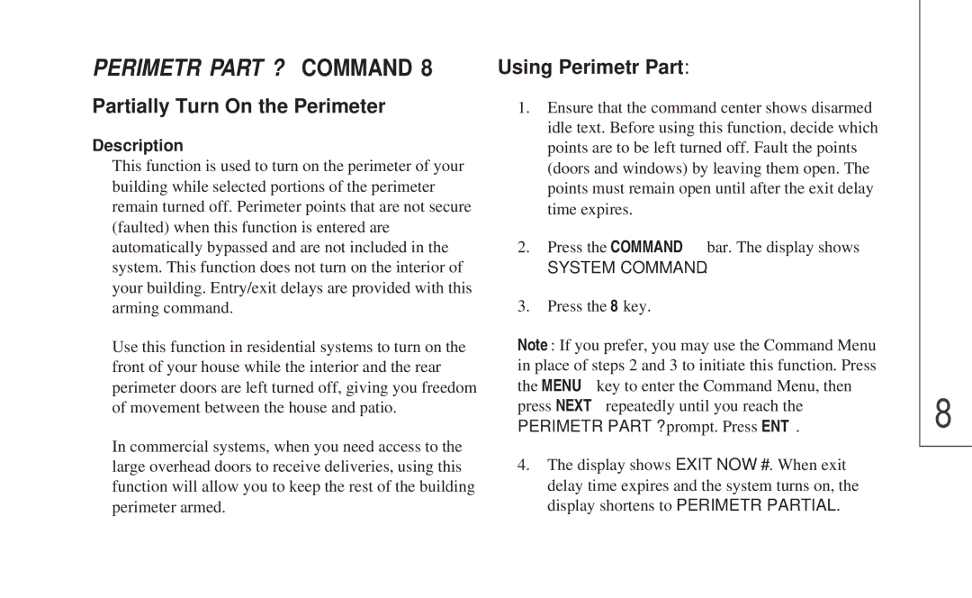 ADT Security Services 8112 manual Perimetr Part ? Command, Partially Turn On the Perimeter, Using Perimetr Part 