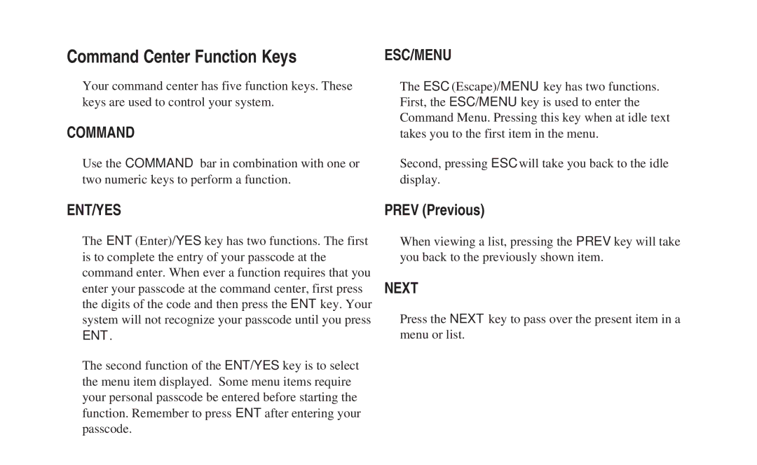 ADT Security Services 8112 manual Command Center Function Keys, Esc/Menu 