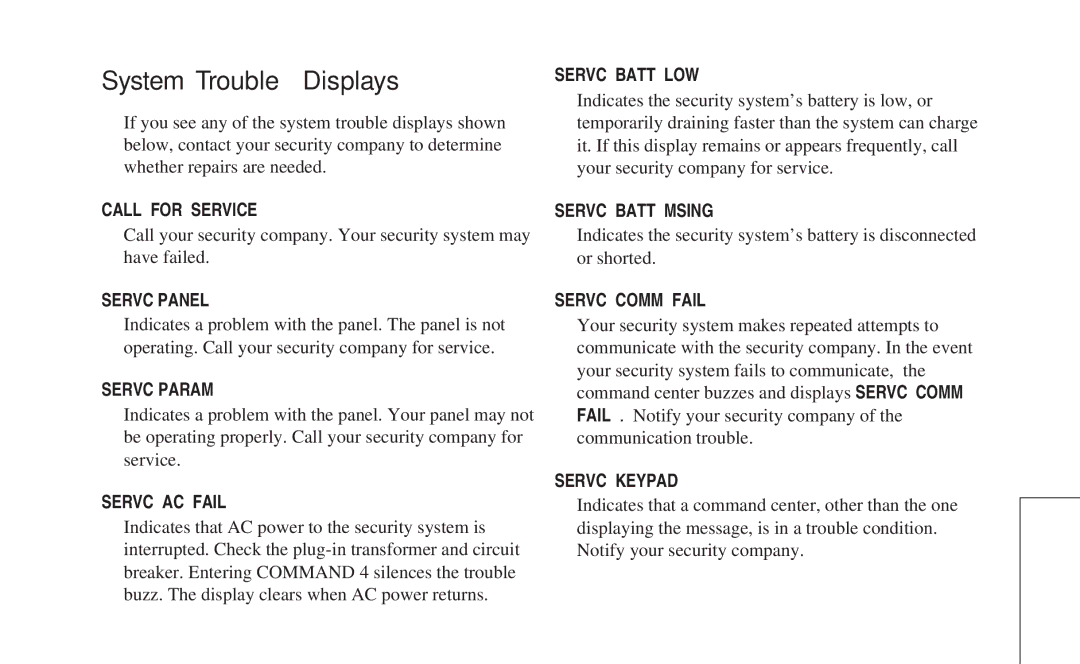 ADT Security Services 8112 manual System Trouble Displays, Servc Batt LOW 