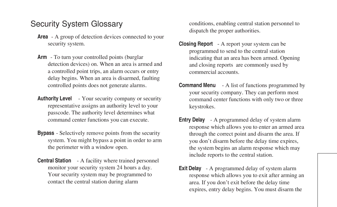 ADT Security Services 8112 manual Security System Glossary 