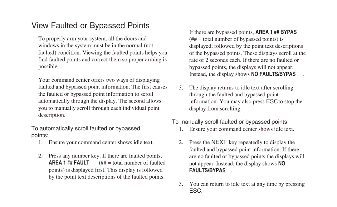 ADT Security Services 8112 manual View Faulted or Bypassed Points, To automatically scroll faulted or bypassed points 