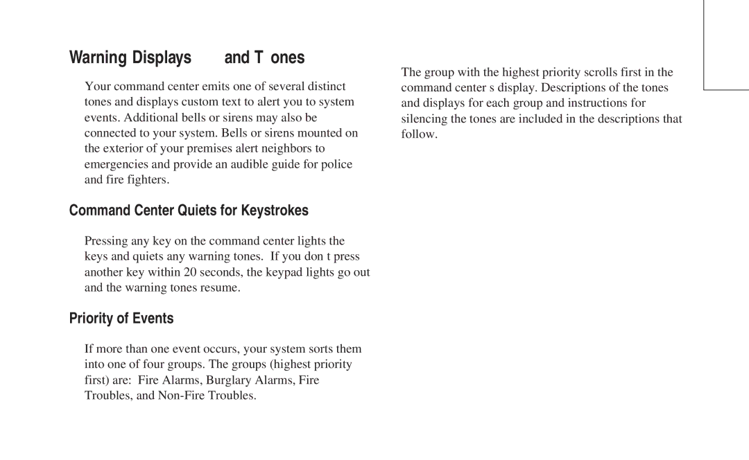 ADT Security Services 8112 manual Command Center Quiets for Keystrokes, Priority of Events 