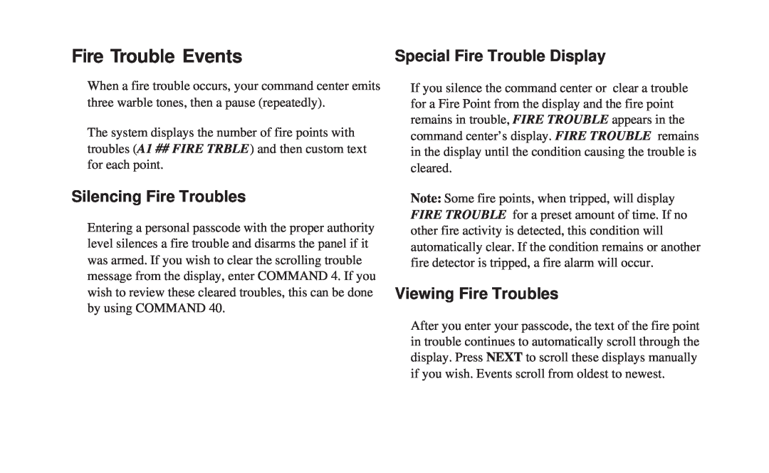 ADT Security Services 8112 manual Fire Trouble Events, Special Fire Trouble Display, Silencing Fire Troubles 