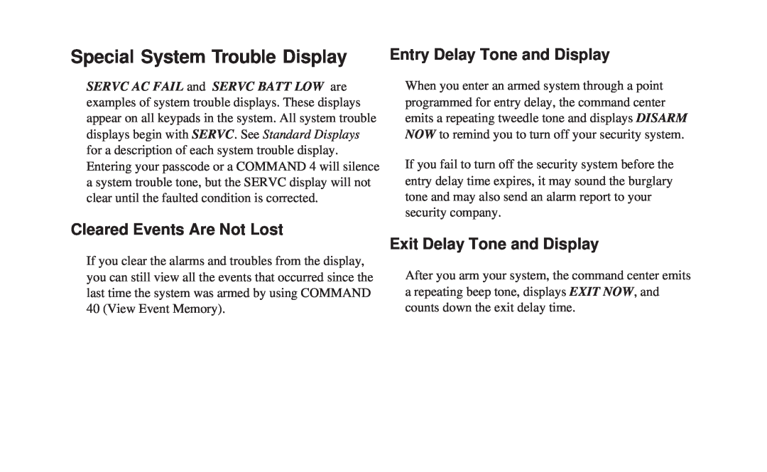 ADT Security Services 8112 manual Special System Trouble Display, Entry Delay Tone and Display, Cleared Events Are Not Lost 