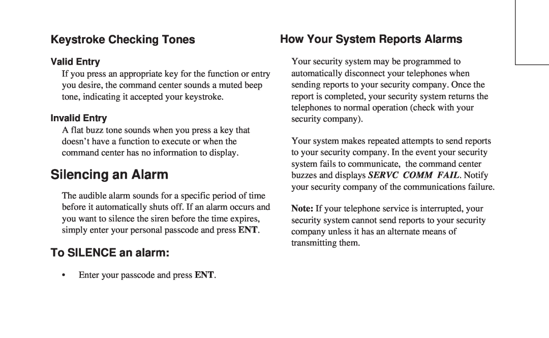 ADT Security Services 8112 manual Silencing an Alarm, Keystroke Checking Tones, How Your System Reports Alarms, Valid Entry 