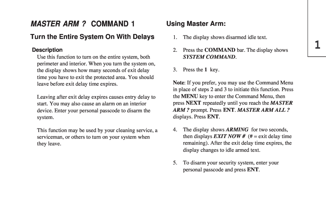 ADT Security Services 8112 Master Arm ? Command, Turn the Entire System On With Delays, Using Master Arm, Description 