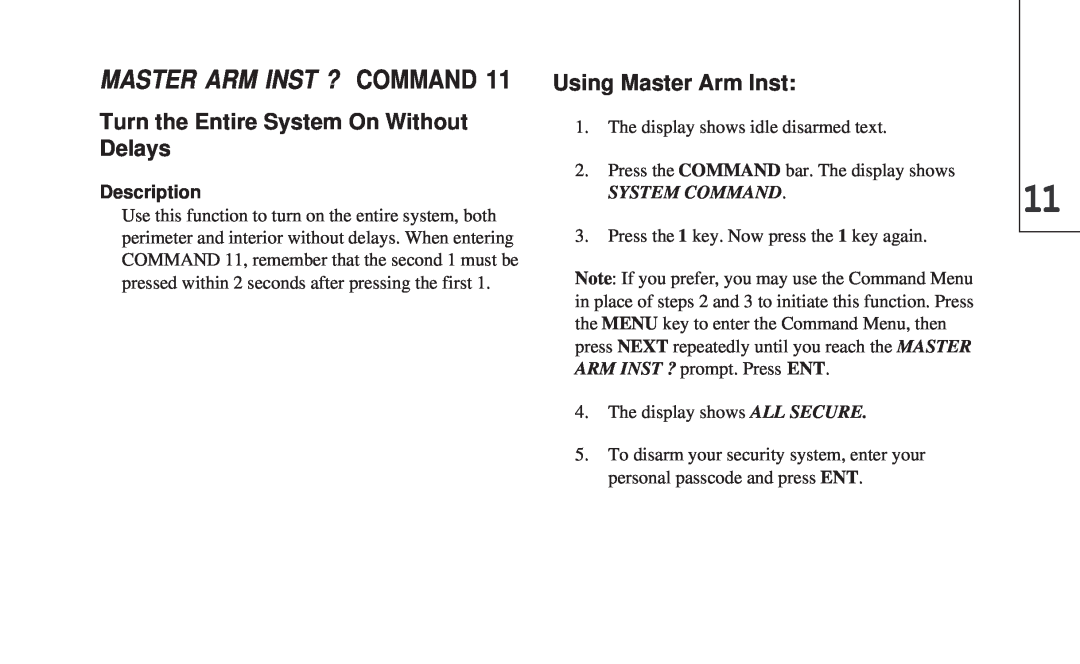 ADT Security Services 8112 Turn the Entire System On Without Delays, Using Master Arm Inst, Master Arm Inst ? Command 