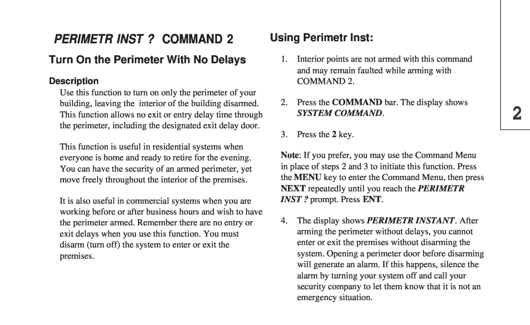 ADT Security Services 8112 Perimetr Inst ? Command, Turn On the Perimeter With No Delays, Using Perimetr Inst, Description 