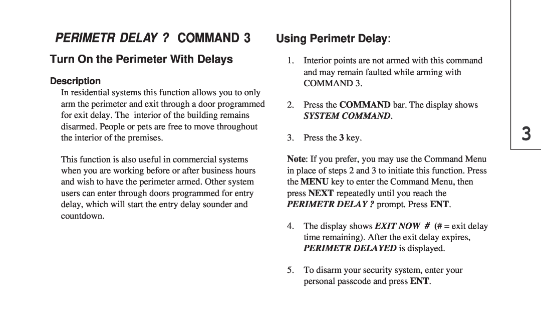 ADT Security Services 8112 Perimetr Delay ? Command, Turn On the Perimeter With Delays, Using Perimetr Delay, Description 