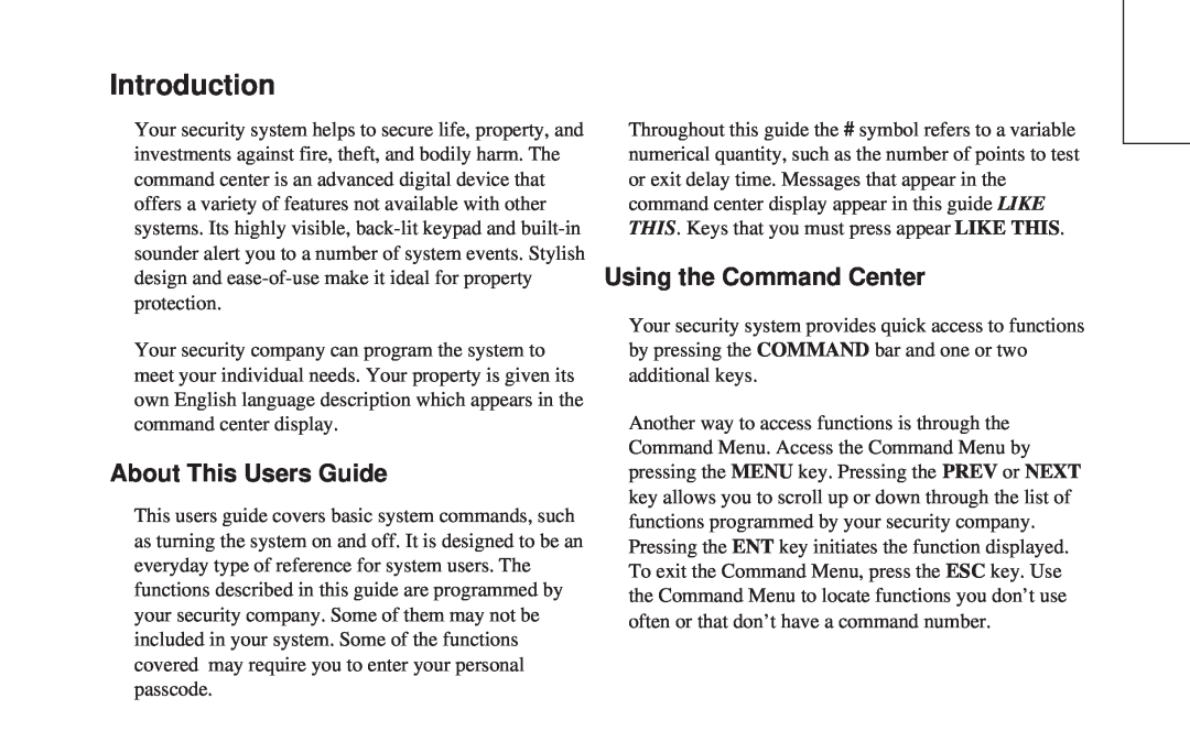 ADT Security Services 8112 manual Introduction, About This Users Guide, Using the Command Center 