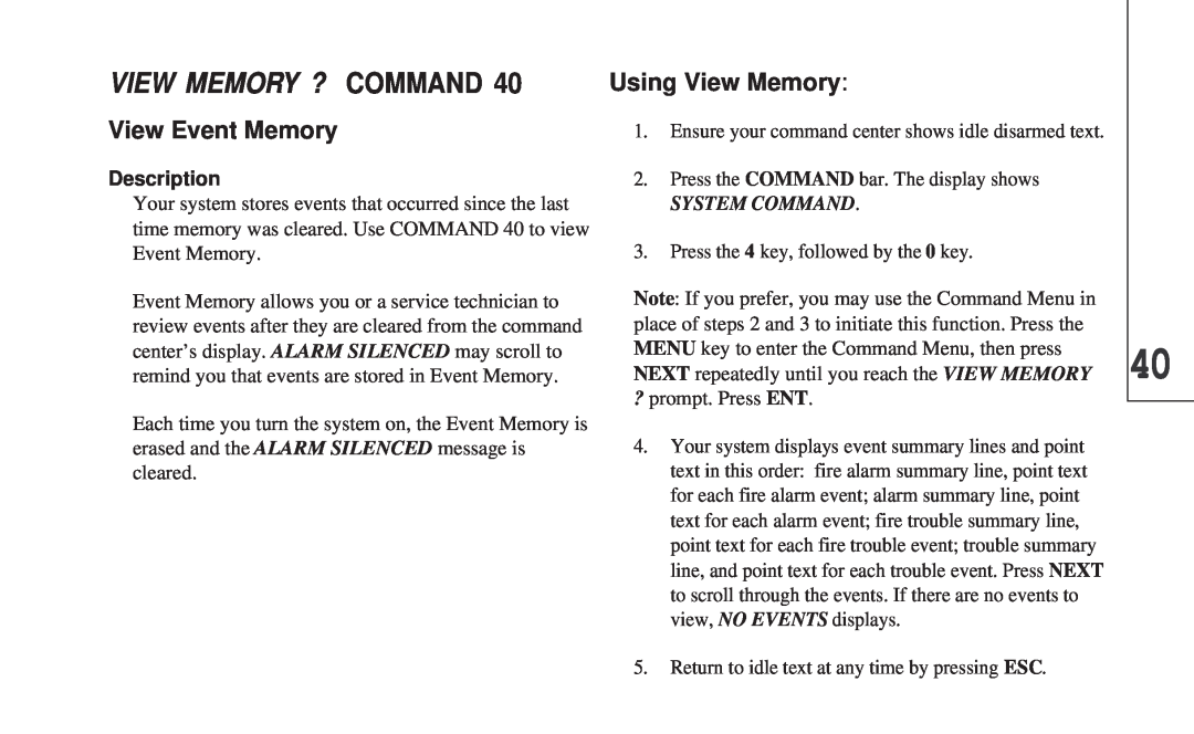 ADT Security Services 8112 manual View Memory ? Command, View Event Memory, Using View Memory, Description, System Command 