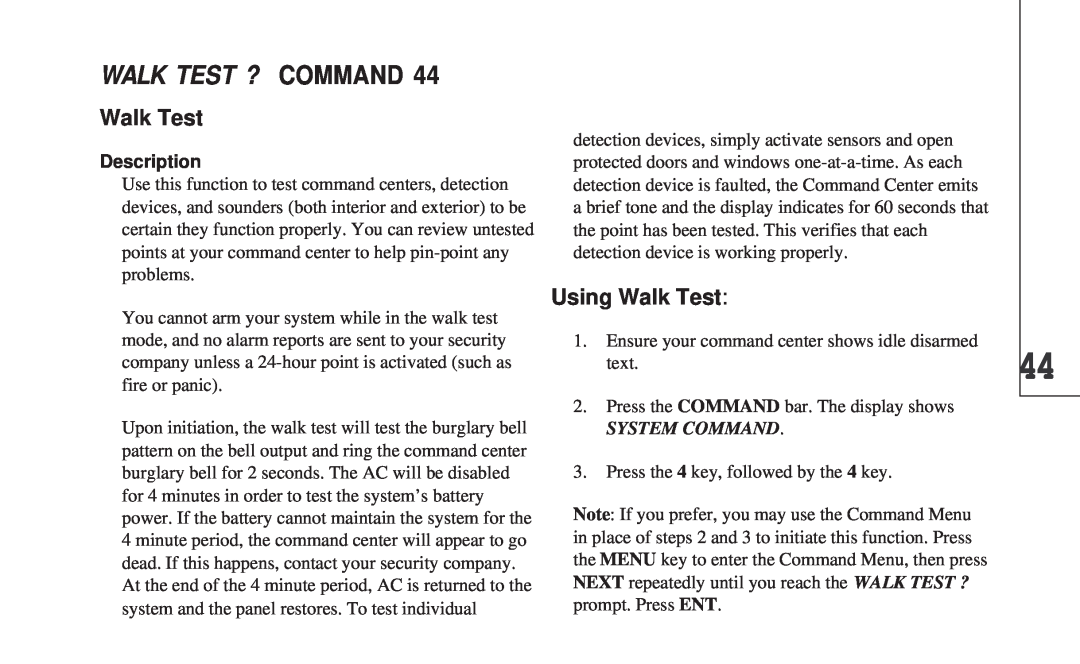 ADT Security Services 8112 manual Walk Test ? Command, Using Walk Test, Description, System Command 